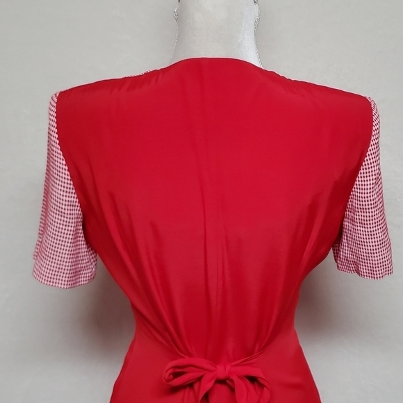 𝅺BRIOCHE 80s Vintage Red Gingham Plaid Cropped Jacket Tie Pleated Wiggle Dress - Picture 14 of 16